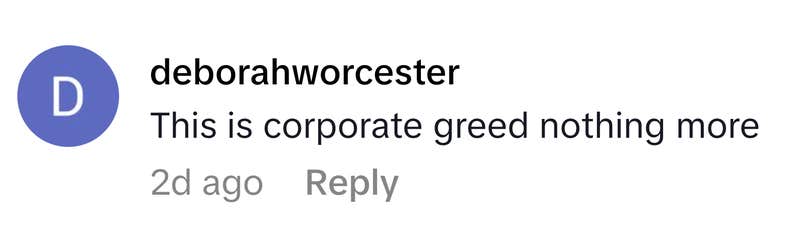 TikTok comment that reads, "This is corporate greed nothing more."