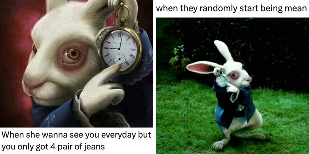 15 years later, the "white rabbit pointing at a clock" painting has become the internet's new favorite meme