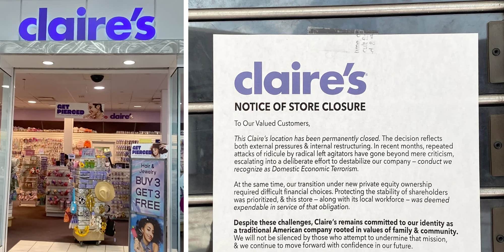 Note on closed Claire's store blames "radical left agitators" for closure