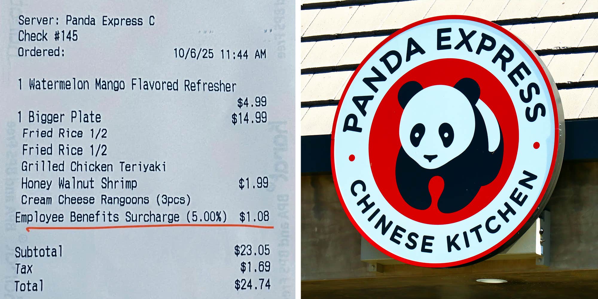 "The audacity to ask for a tip on top of this": Panda Express customer shocked to find the location added a 5% employee benefits surcharge to his bill
