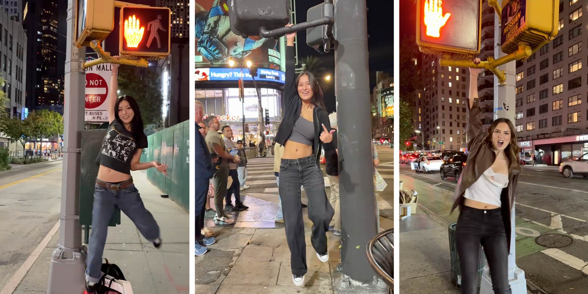 People are hanging off crosswalk signs to take part in the Kid Cudi-inspired "Maui Wowie" trend