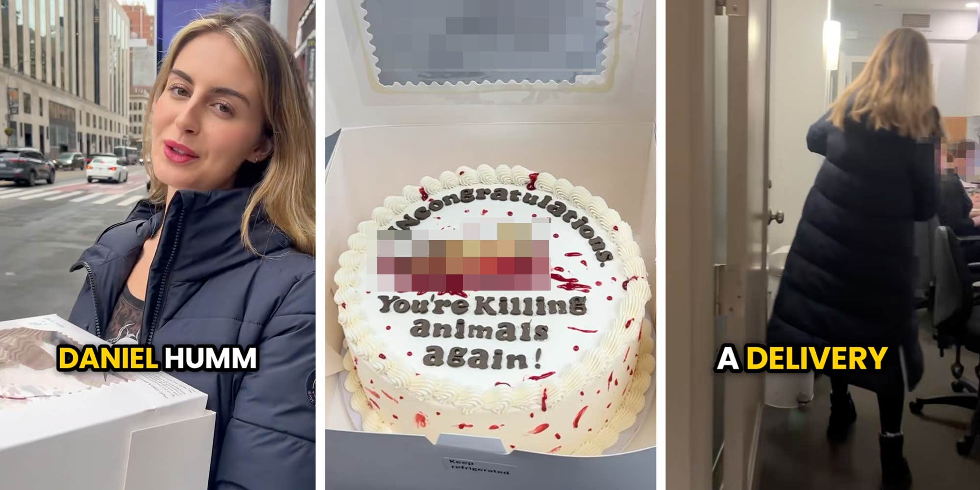 Vegan delivers congratulatory cake to Eleven Madison Park as they bring meat back to their menu