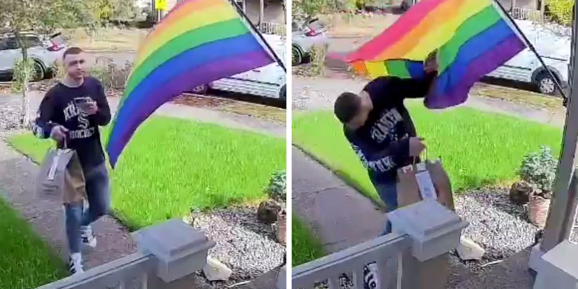 "He's one of us now": Delivery driver's over-the-top reaction to brushing against a Pride flag gets trolled