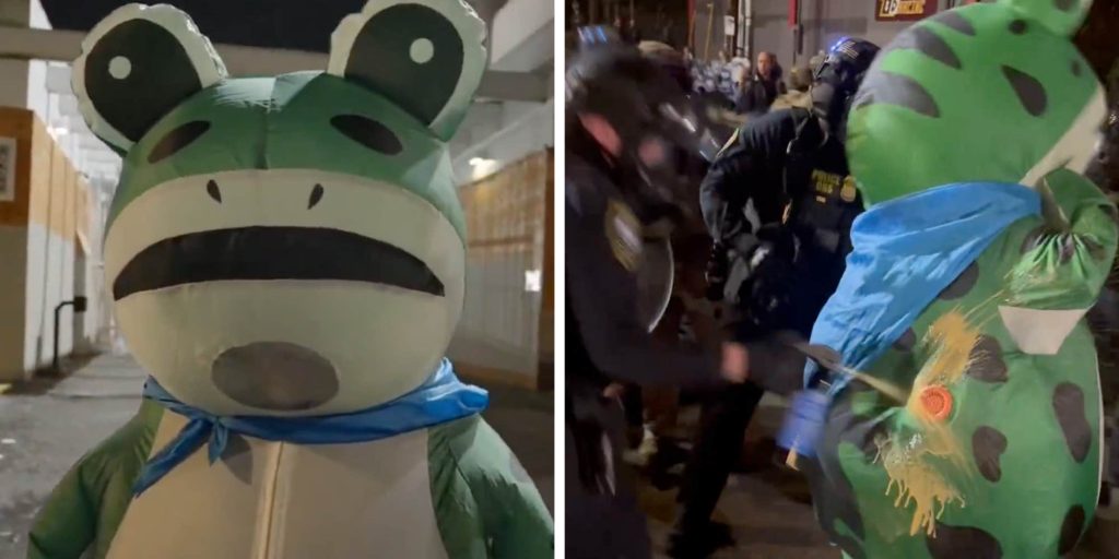ICE pepper-sprayed a protester in a frog costume. Now the "Portland Frog" is a symbol of absurd resistance