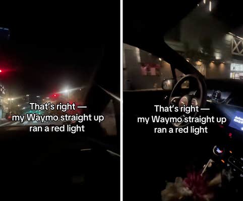 screenshot of video saying "that's right my Waymo straight up rain a red light"