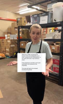 Bakery owner walking through the work space. A message from the influencer is greenscreened onto the video.