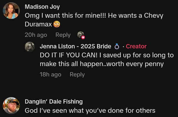 TikTok comments including one reading "Omg I want this for mine!!! He wants a Chevy Duramax"