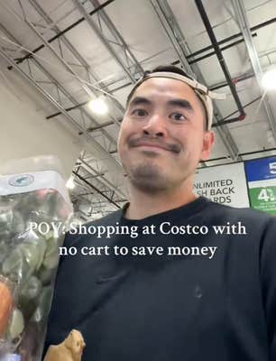 @the.hoang.family/TikTok shopping at costco without a cart - huang shopping at the store with onscreen text "POV: shopping at Costco with no cart to save money."