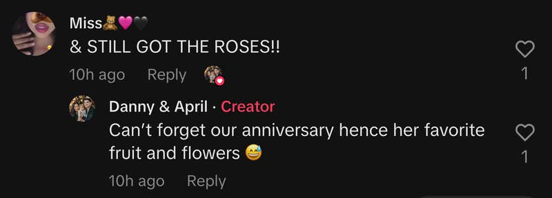 Hoang revealed in a comment that he was shopping for his anniversary. “Can’t forget our anniversary hence her favorite fruit and flowers 😅,” he wrote.
“& STILL GOT THE ROSES!!”