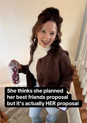 ali with onscreen text "she thinks she planned her best friend's proposal but it's actually HER proposal."