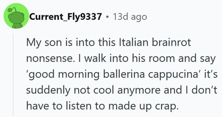 Reddit comment reading "My son is into this Italian brainrot nonsense. I walk into his room and say ‘good morning ballerina cappucina’ it’s suddenly not cool anymore and I don’t have to listen to made up crap."