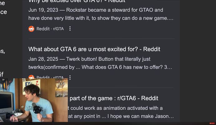 YouTuber Jeffery Phillips screensharing his Google search with a video screen of himself reading from the computer into a mic.