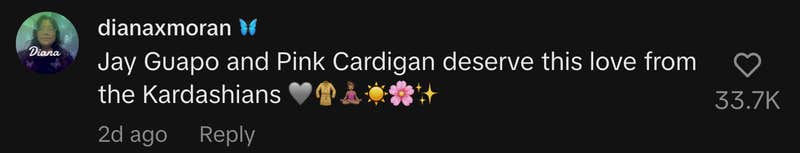 “Jay Guapo and Pink Cardigan deserve this love from the Kardashians 🩶🧥🧘🏽♀️☀️🌸✨”