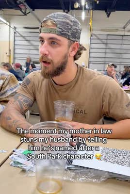 @vanessa_p_44/TikTok man reacting to mother telling him hes named after kyle from South Park with on screen text: “The moment my mother-in-law stuns my husband by telling him he’s named after a South Park character 😂.”