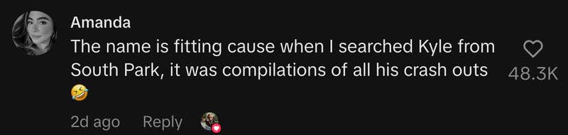 “The name is fitting cause when I searched Kyle from South Park, it was compilations of all his crash outs 🤣.”