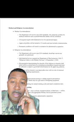 A Black military man sitting in front of a greenscreened screenshot of the new guidance, his hand propping up his chin.