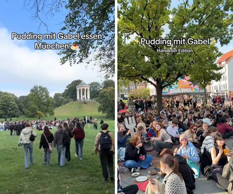crowds of young people sitting on the ground eating pudding with a fork