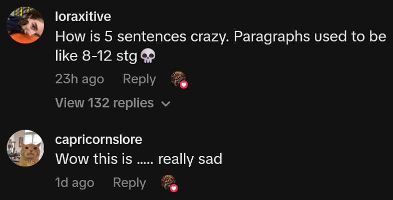 TikTok comments including one reading "How is 5 sentences crazy. Paragraphs used to be like 8-12 stg"