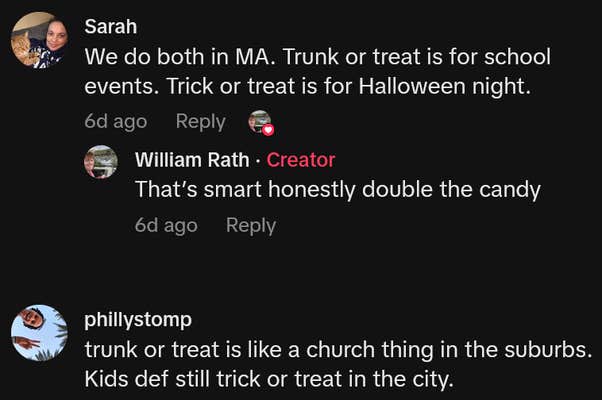 TikTok comments including one reading "We do both in MA. Trunk or treat is for school events. Trick or treat is for Halloween night."