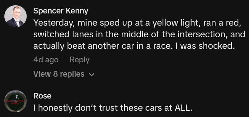 TikTok comments including one reading "Yesterday, mine sped up at a yellow light, ran a red, switched lanes in the middle of the intersection, and actually beat another car in a race. I was shocked."