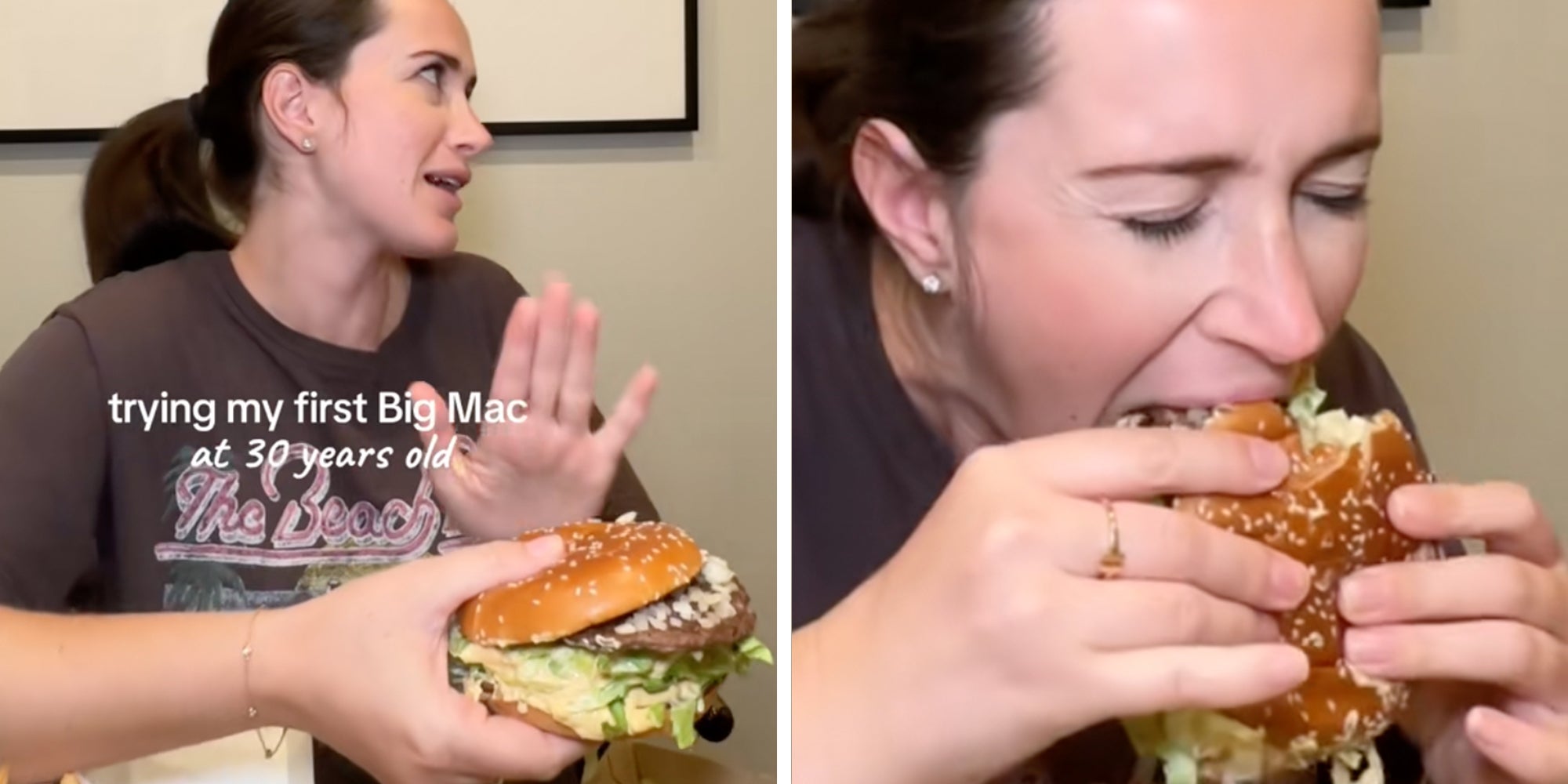 Woman trying her first-ever Big Mac from McDonald's, text overlay reads, "trying my first Big Mac at 30 years old."
