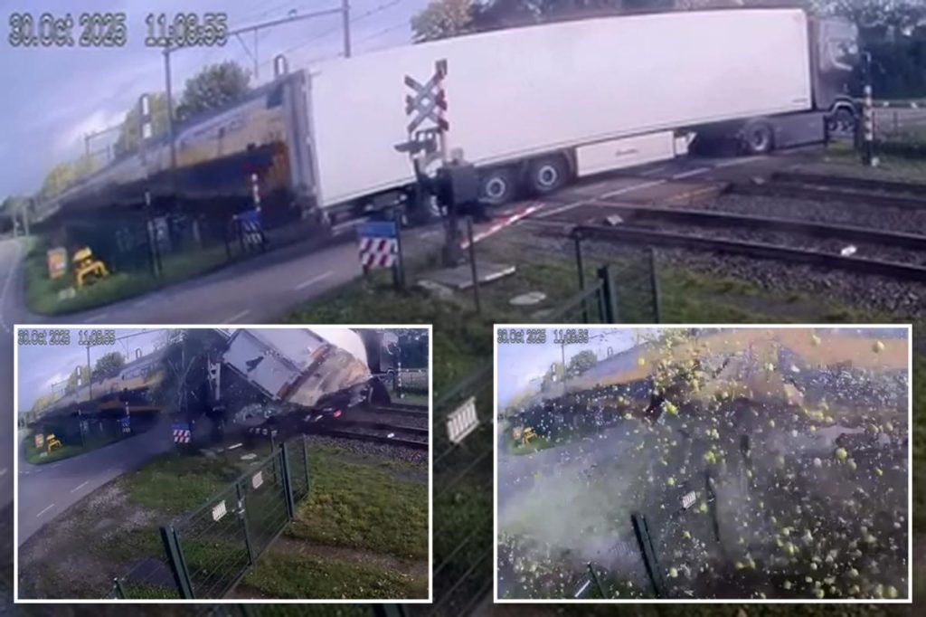 Wild video shows moment high-speed passenger train plows into truck carrying thousands of pears