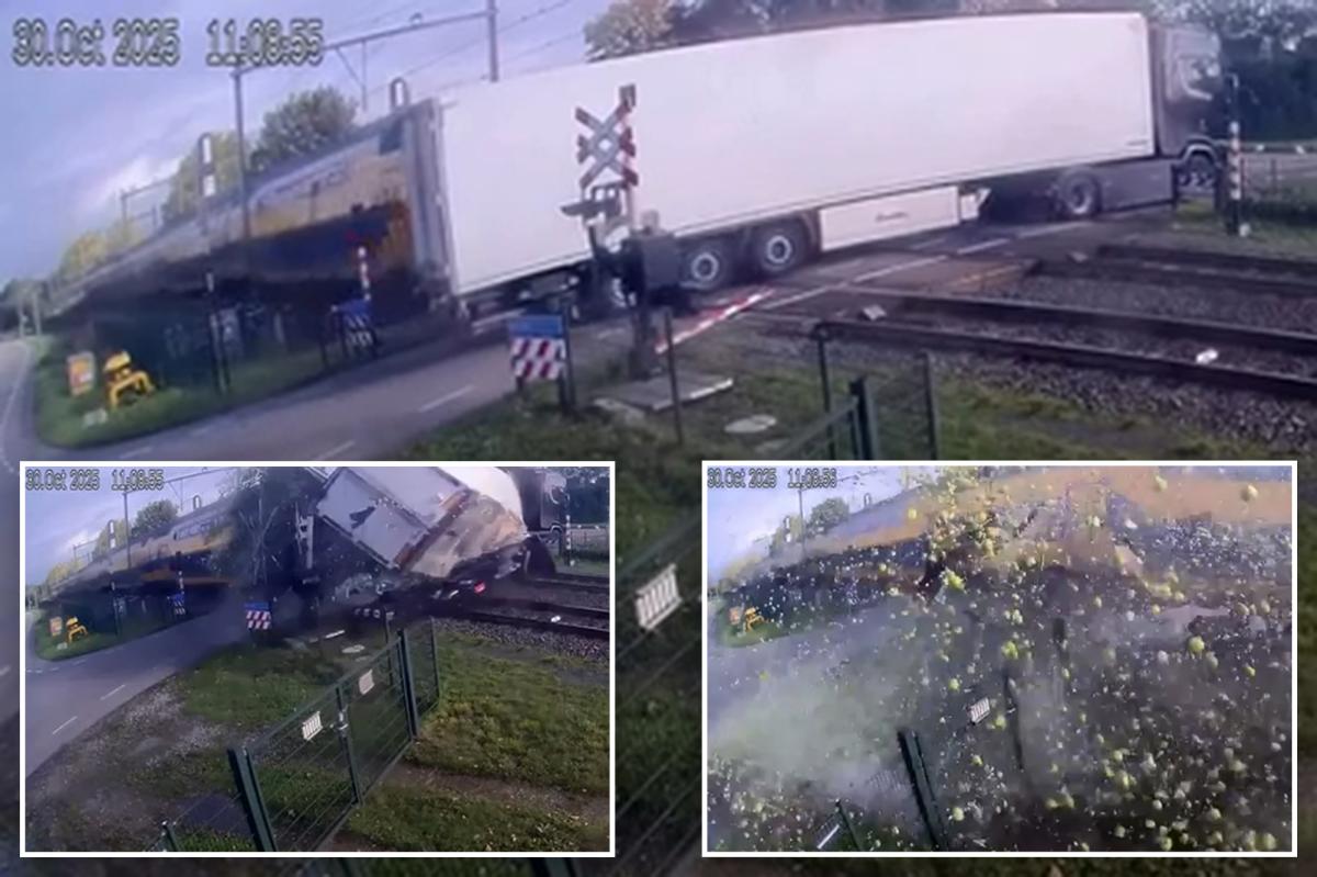 Wild video shows moment high-speed passenger train plows into truck carrying thousands of pears