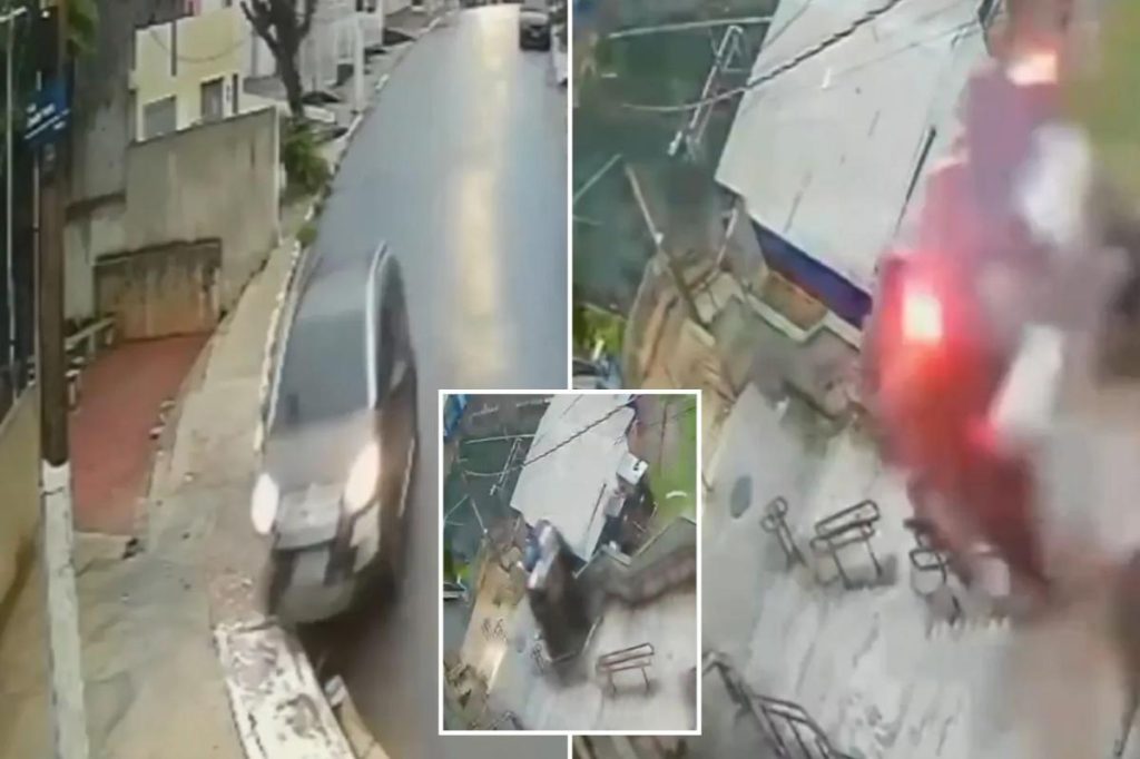 Airborne SUV torpedoes down massive flight of stairs — but driver only gets one ‘little scratch’: video