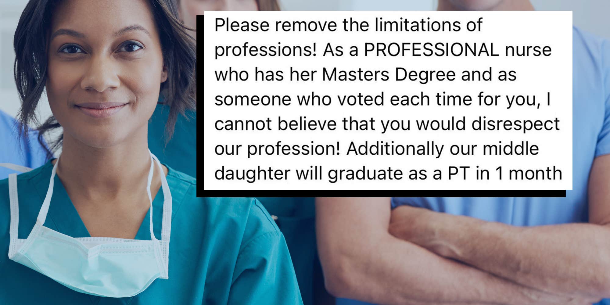 I can't believe you'd disrespect us": Trump-voting nurse is now begging him to classify nursing degrees as "professional