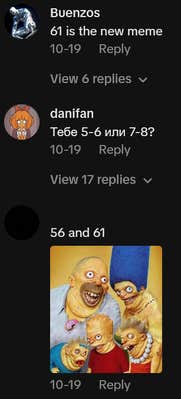 TikTok comments including one reading "61 is the new meme."