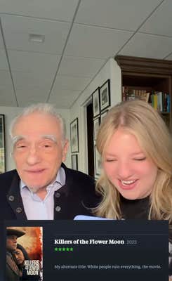 Francesca and Martin Scorsese playing the movie guessing game, the screenshots of the reviews on the bottom of the screen.