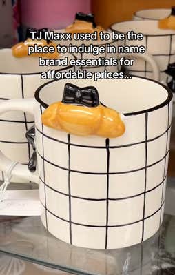 novelty mug with onscreen text: “T.J. Maxx used to be the place to indulge in name brand essentials at affordable prices. It’s now a breeding ground for poorly-made micro trends. Making you spend money on silly things you don’t need instead of saving on good quality brands.”
