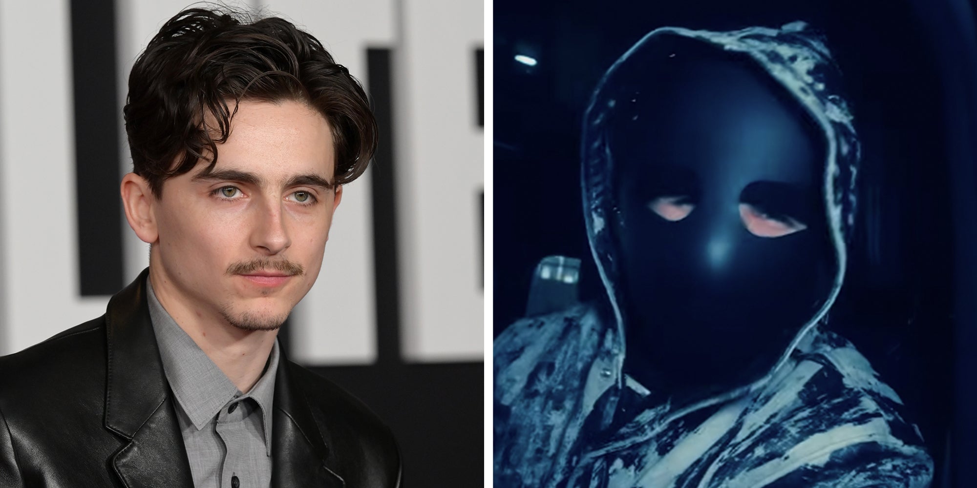 Left: Actor Timothee Chalamet at the World Premiere of A Complete Unknown at the Dolby Theatre. Right: Alt British rapper EsDeeKid wearing a black mask.
