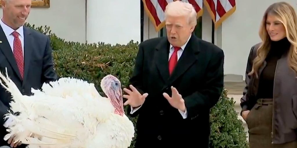 Trump jokes about naming pardoned turkeys "Chuck and Nancy," calls Illinois governor a "big, fat slob"