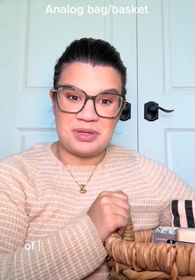 TikTok creator showing off analog bag/basket