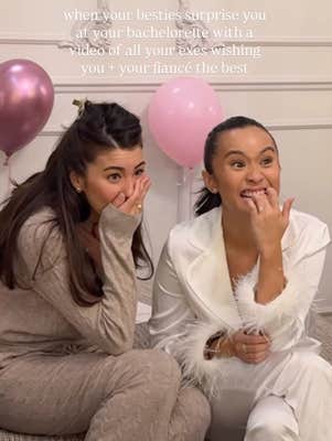 surprised bride laughing at bachelorette party with onscreen text: "when your besties surprise you at your bachelorette with a video of all your exes wishing you and your fiance the best…”
