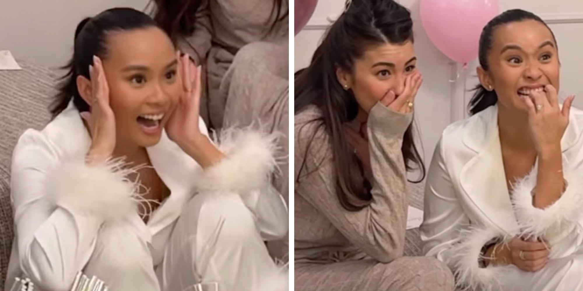 Bride shocked with her mouth open at a bachelorette party.