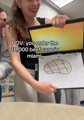 parody of papi's beef case steak w paper steak and breifcase made out of a laptop and onscreen text: POV: you order the 10,000 beef case in miami