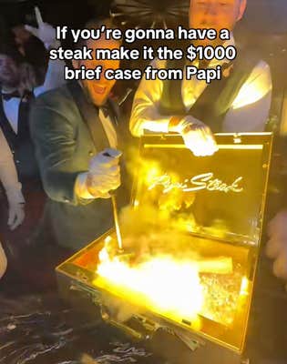 papi's beef case steak with onscreen text: if youre gonna have a steak make it the $1000 brief case from papi