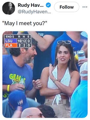 "May I meet you" meme with a woman waving off a man in a stadium seat.