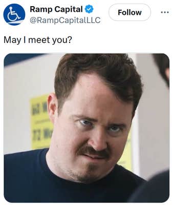 "May I meet you" meme with an image of a man making a creepy face.