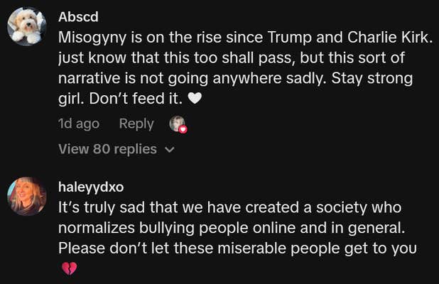 TikTok comments including one reading "Misogyny is on the rise since <a href=