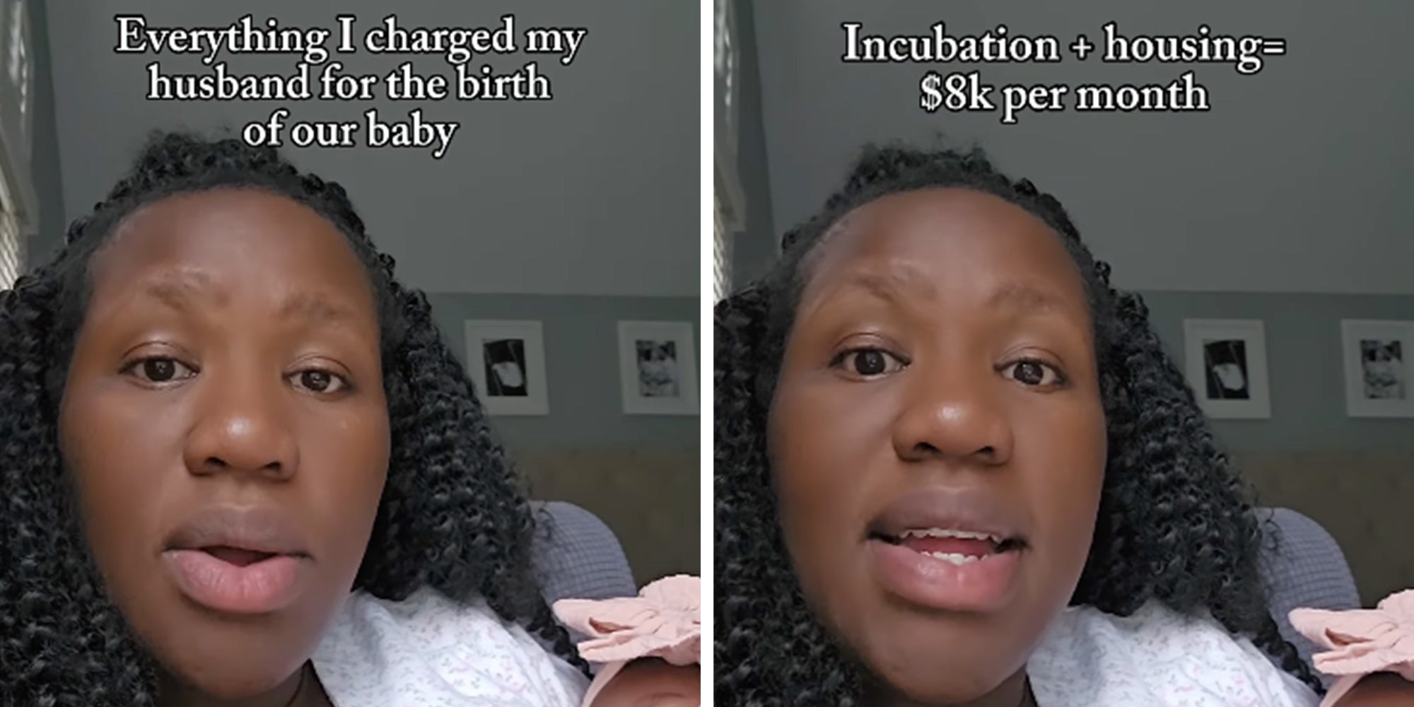 Woman holding a newborn looking into the camera, text caption overlay reads, "Everything I charged my husband for the birth of our baby."