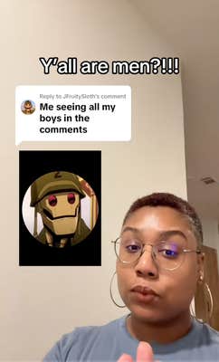 TikToker looking shocked in a good way, one finger raised. "Y'all are men?!!!" is in the text overlay.