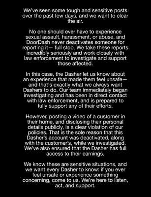 DoorDash's public statement about the delivery situation with Olivia Henderson.
