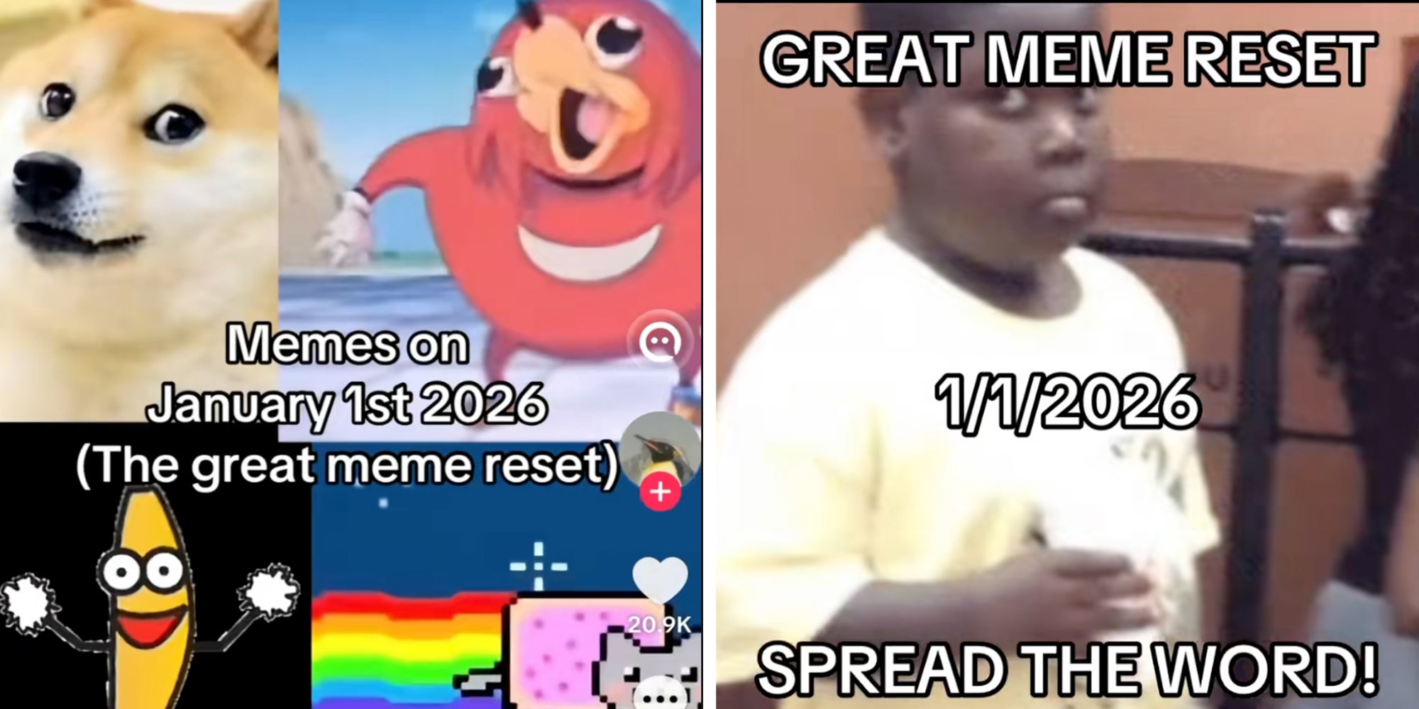 Left: 4 2016-era memes, including Doge and Nyan cat, underneath text reading, "Memes on January 1st 2026 (the great meme reset). Right: Awkward Black Kid meme under text reading "Great meme reset 1/1/2026, Spread the word!"