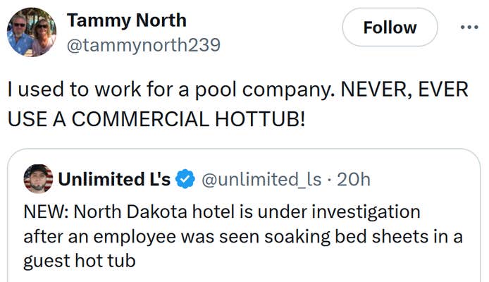 Tweet reading "I used to work for a pool company. NEVER, EVER USE A COMMERCIAL HOTTUB!"