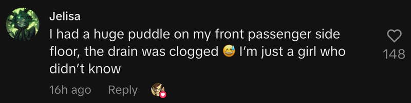 “I had a huge puddle on my front passenger side floor. The drain was clogged 😅. I’m just a girl who didn’t know.”