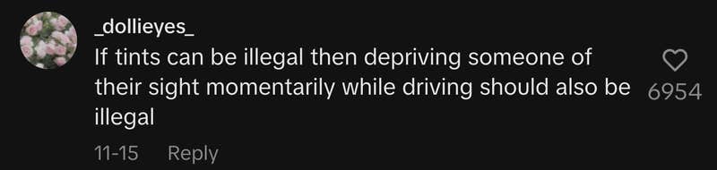 “If tints can be illegal then depriving someone of their sight momentarily while driving should also be illegal.”