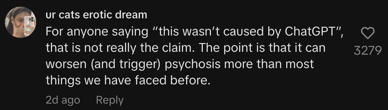 “For anyone saying “this wasn’t caused by ChatGPT”, that is not really the claim. The point is that it can worsen (and trigger) psychosis more than most things we have faced before.”